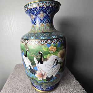 Vintage Chinese Cloisonne Enamel Muticolor Detailed Large Vase 15.5 Inches High